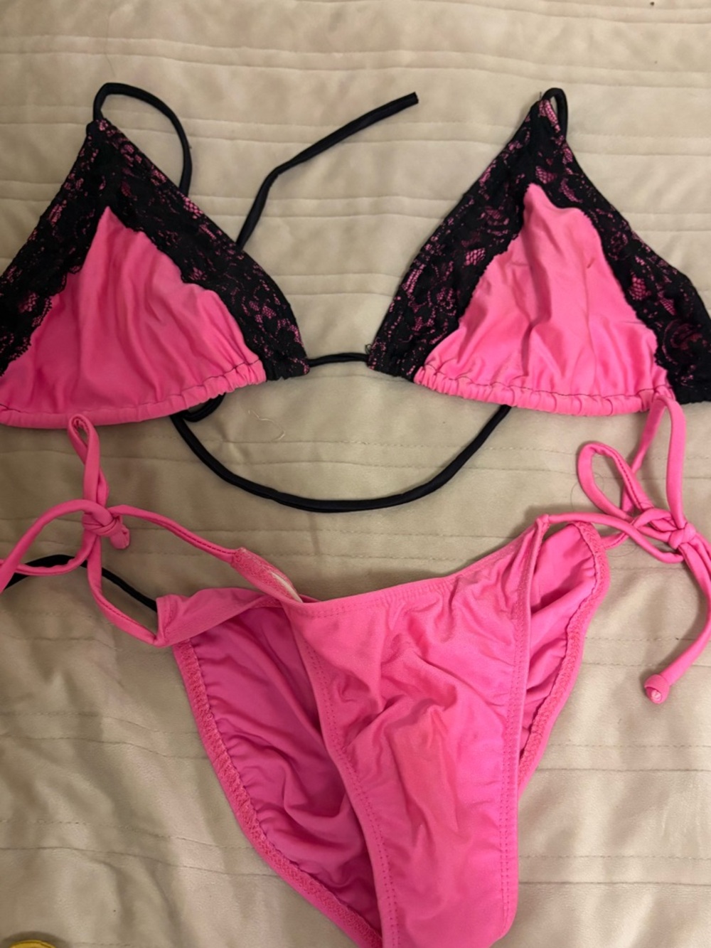 Pink Lace-Trim Triangle Bikini Set Y2K